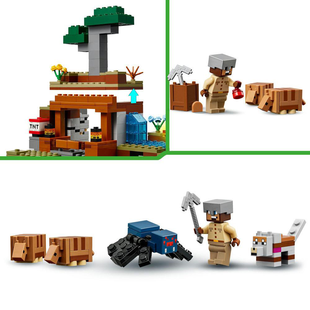 LEGO Minecraft Spielset mit Figuren, Tieren und Umgebung. Mehrere Szenen im Bild.