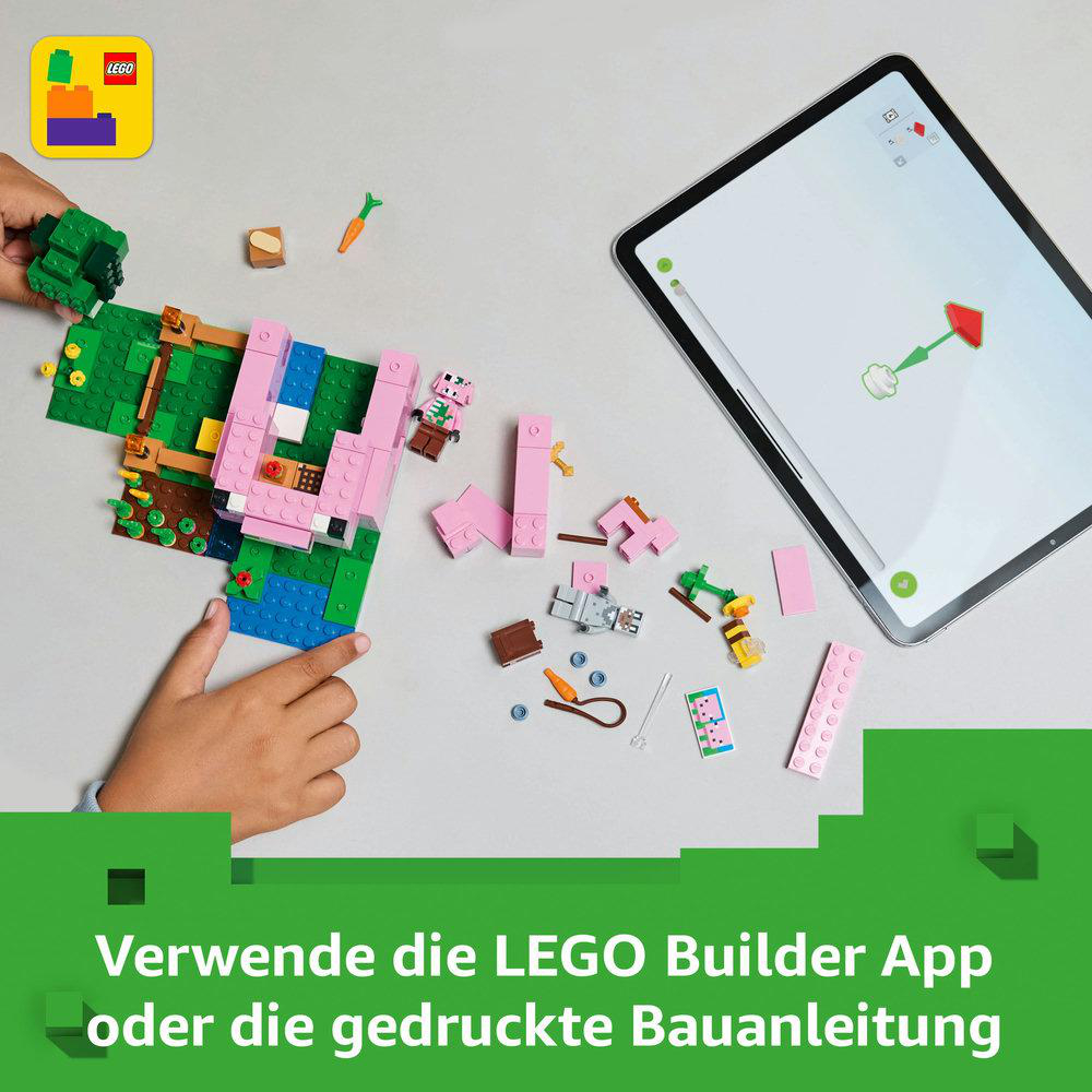 Hände, die LEGO zusammenbauen, mit einem Tablet, das Anweisungen zeigt. LEGO-Teile verstreut.