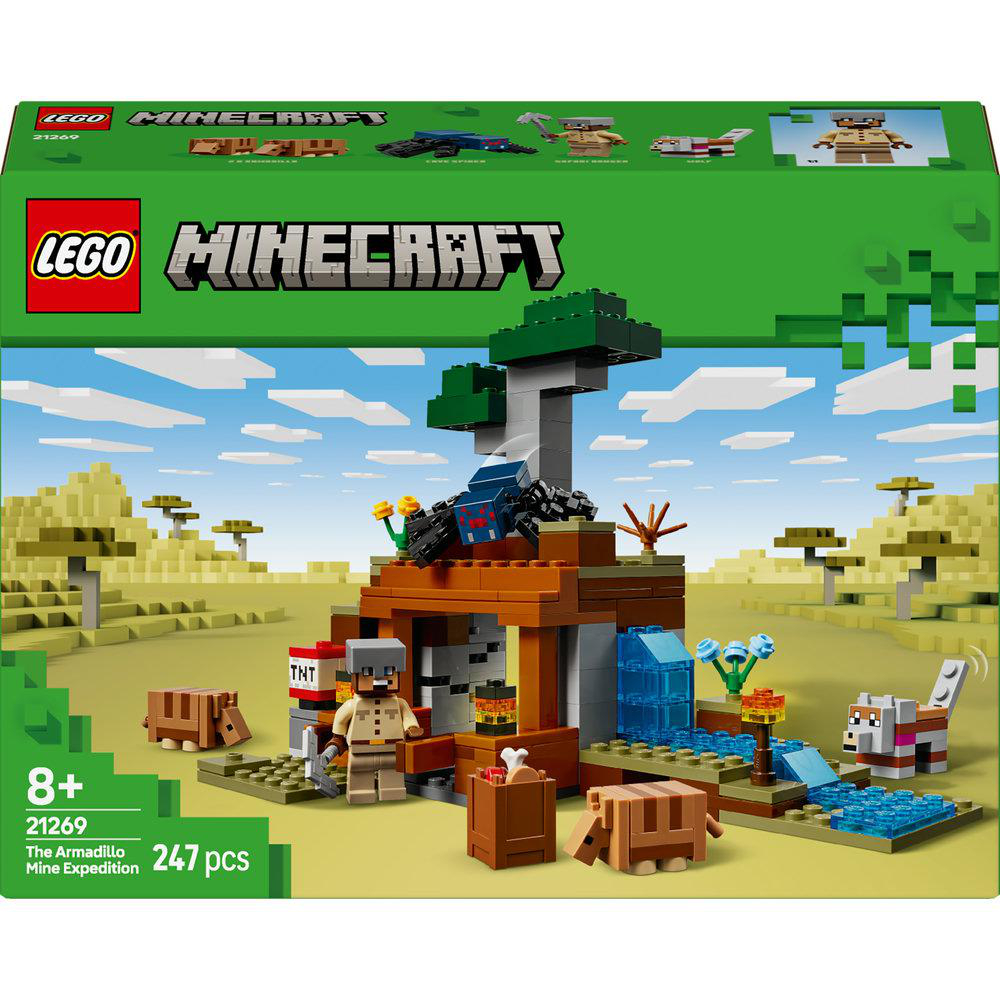 Lego Minecraft Set-Box: Bausteine, Figuren und ein grüner Hintergrund.