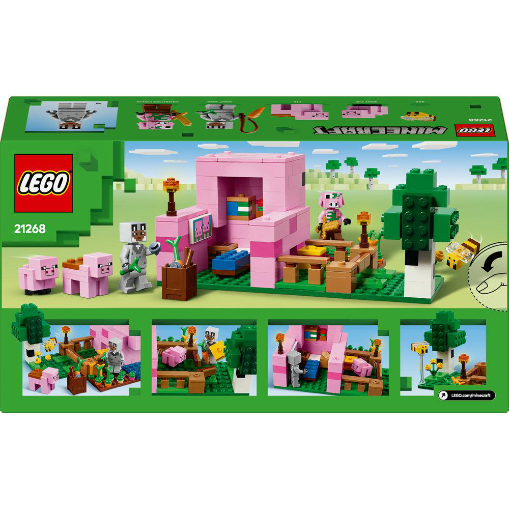 Lego Minecraft Box-Set Rückansicht. Rosa Schweinehaus, Figuren und Zubehör. Grüne Szene.