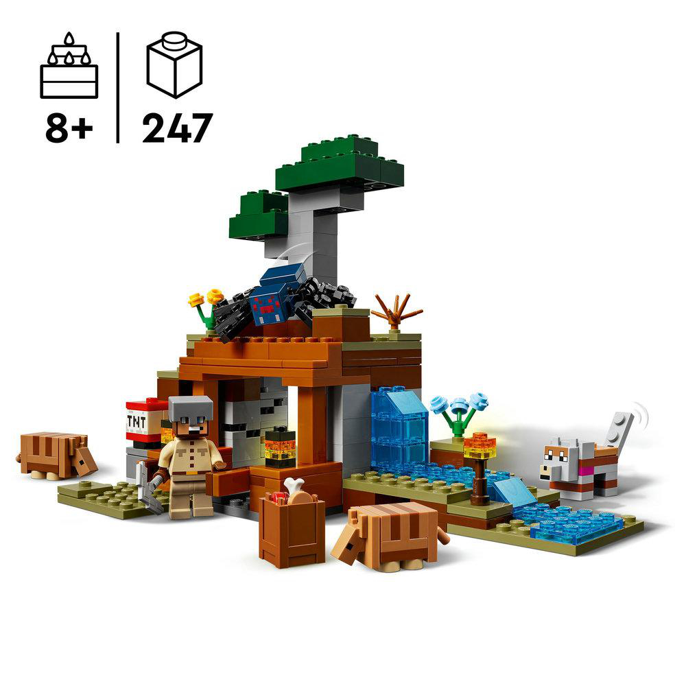 Lego-Minecraft-Szene mit Figuren, Tieren und einem Wasserfall.
