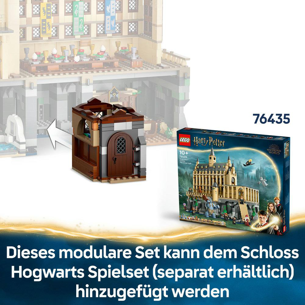 Lego Harry Potter Set-Box und ein Modell eines Gebäudes. Die Box zeigt ein Burgmodell. Dunkler Hintergrund.