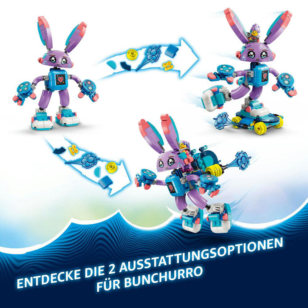 Ein LEGO-Set mit einem lila Hasen, der auf verschiedene Arten gebaut werden kann.