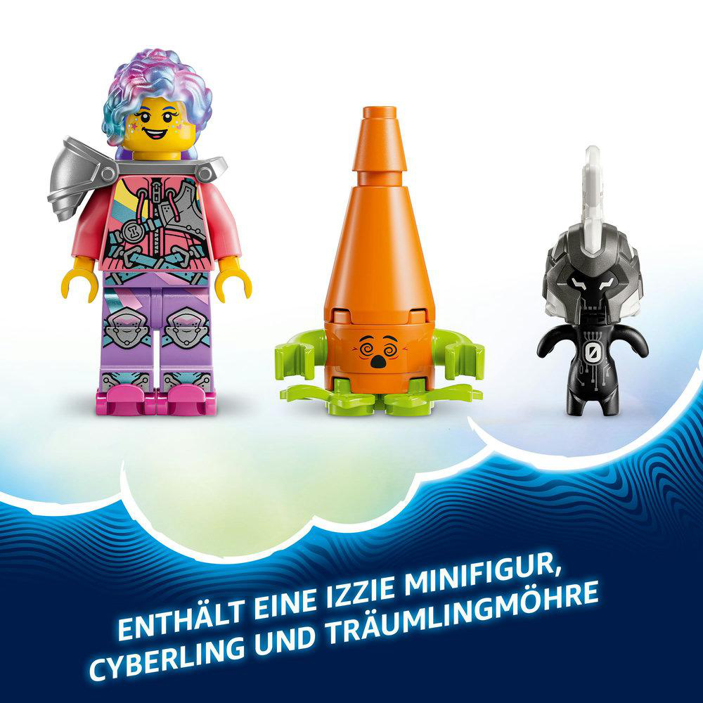 Drei LEGO-Minifiguren: eine Frau, eine orange Karotte und eine schwarze Figur mit silbernem Kopf.