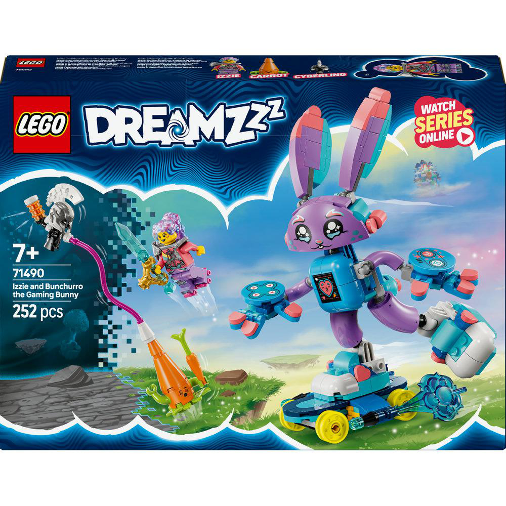 Lego Dreamzzz-Box-Art mit einem Hasencharakter, Figuren und Text. Sagt 7+ und 252 Teile.