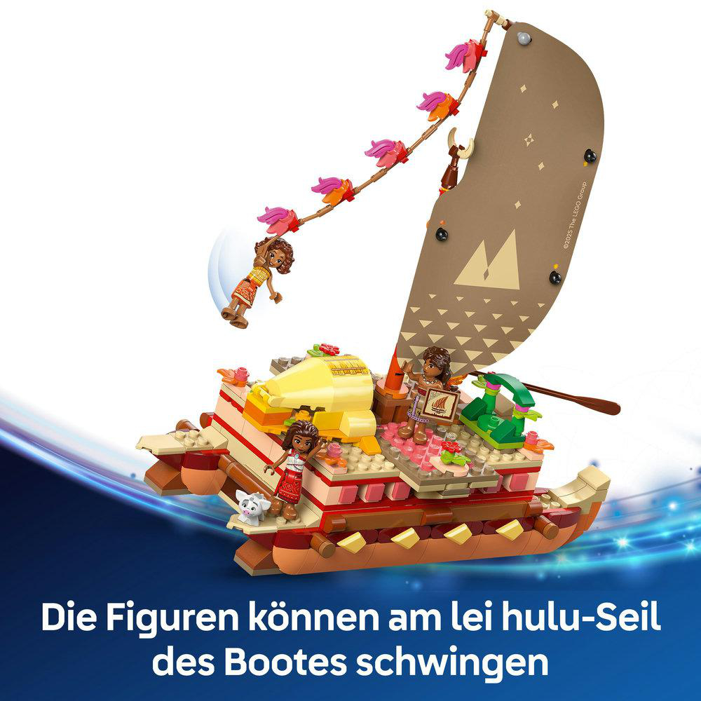 LEGO-Set mit Boot, Figuren und Schaukel. Braune, rosa und weiße Farben.