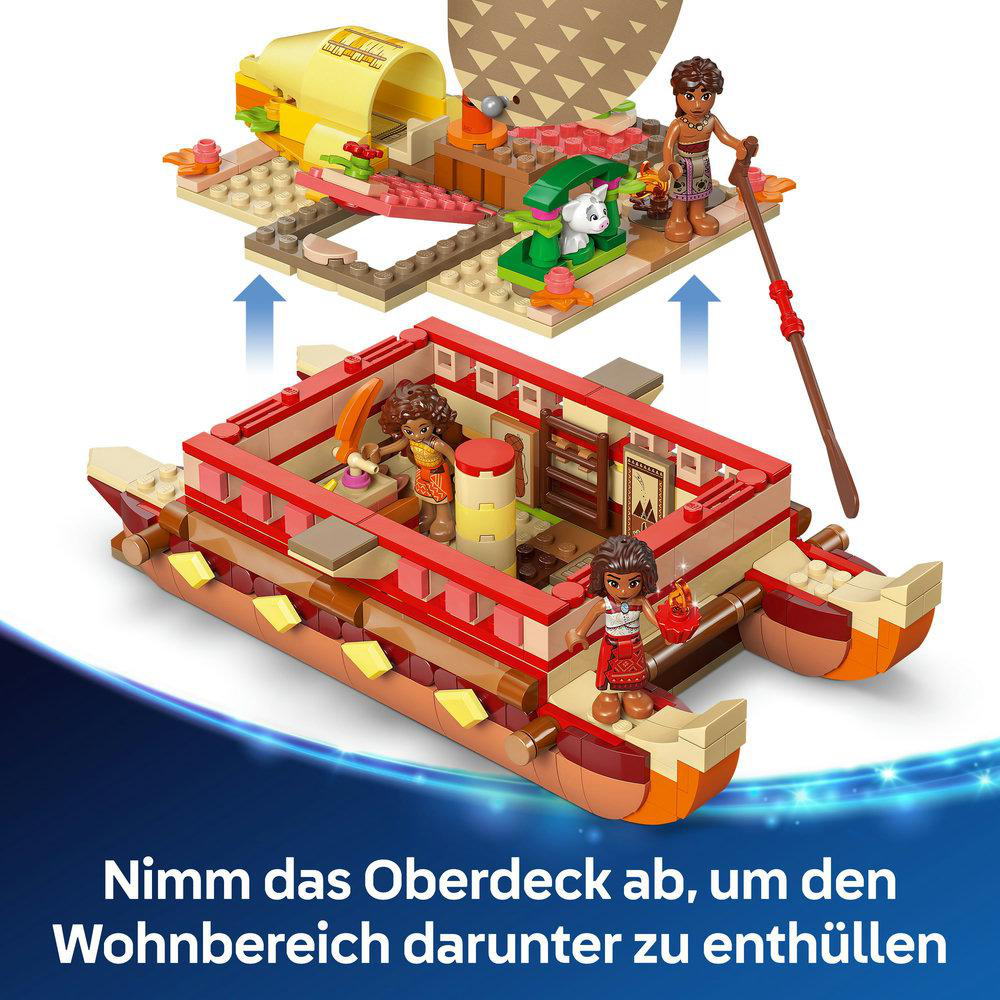 Lego Moana Boots-Set. Das Oberdeck hebt sich, um das Innere freizulegen. Auf dem Boot befinden sich Lego-Figuren.