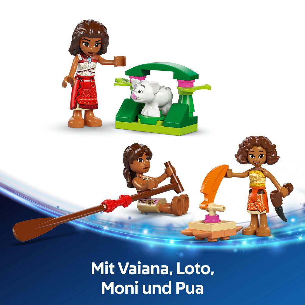 Lego-Figuren von Vaiana, Loto, Moni und Pua mit einem Build. Text: Mit Vaiana, Loto, Moni und Pua.