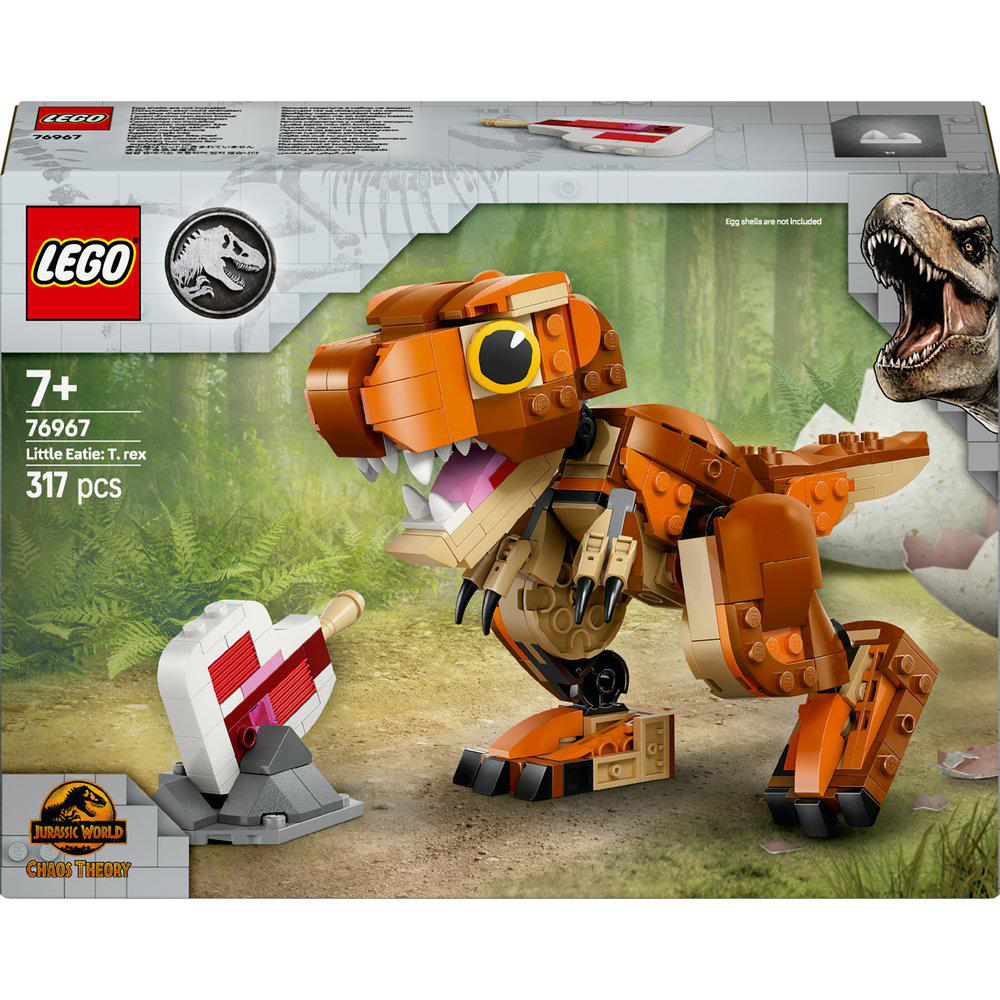 Eine Lego-Set-Box zeigt eine T-Rex-Figur, ein Ei und das Jurassic World-Logo.