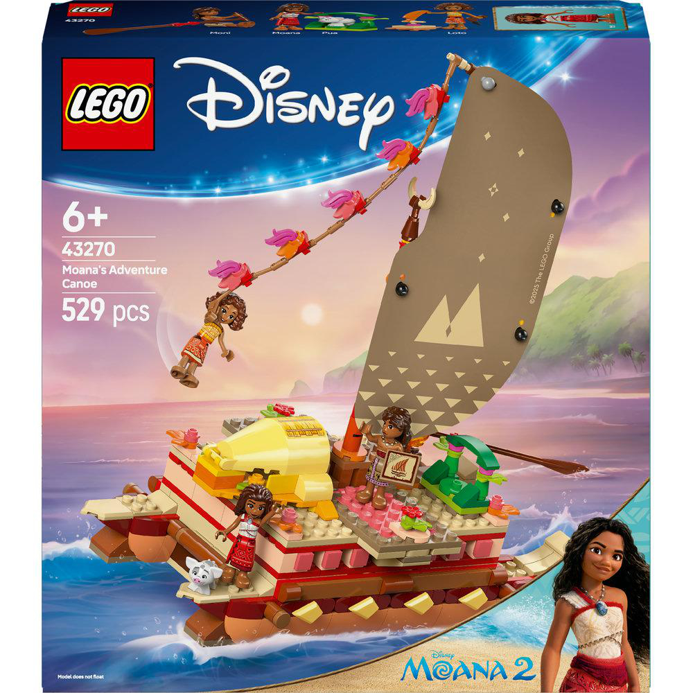 Lego Disney Moana Boots-Set. Das Boot ist auf dem Wasser. Auf dem Boot und auf der Box-Art befinden sich Lego-Figuren.