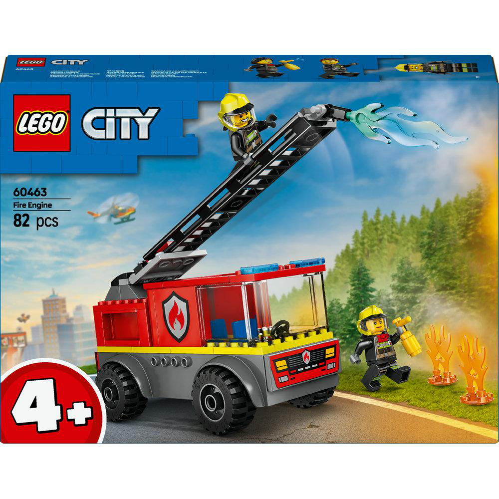 Ein Lego City Feuerwehrauto-Set zeigt einen roten Truck, Feuerwehrleute und eine Leiter.
