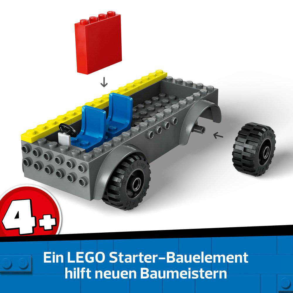 Ein Lego-Set zeigt die Teile eines grauen Autochassis, blaue Sitze und einen roten Block.