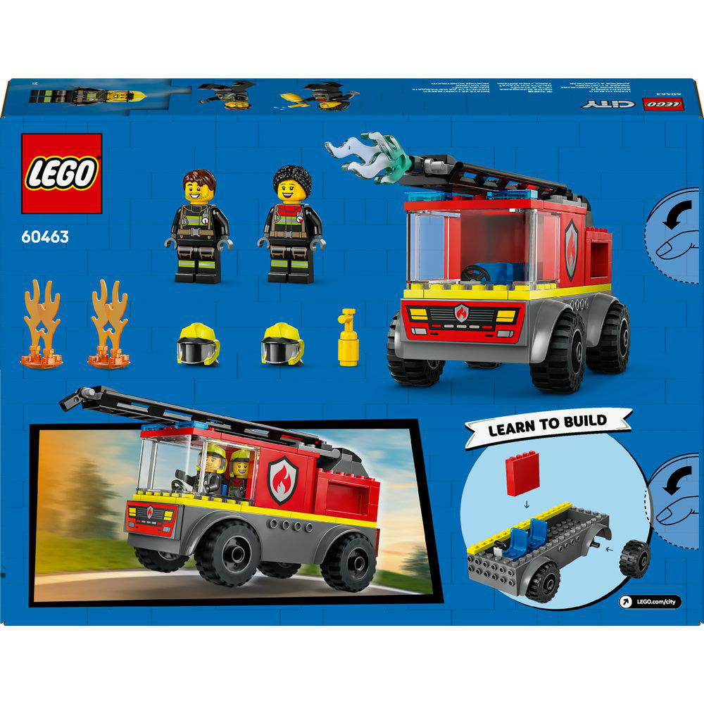 Ein Lego City Feuerwehrauto-Set wird mit dem Truck, Feuerwehrleuten und Anweisungen gezeigt.