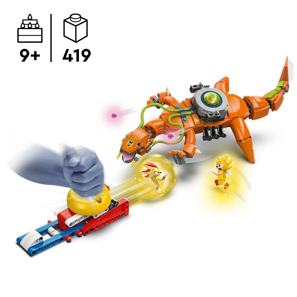 Ein Lego-Set mit einem großen orangefarbenen Monster und zwei Sonic-Charakteren in Aktion.
