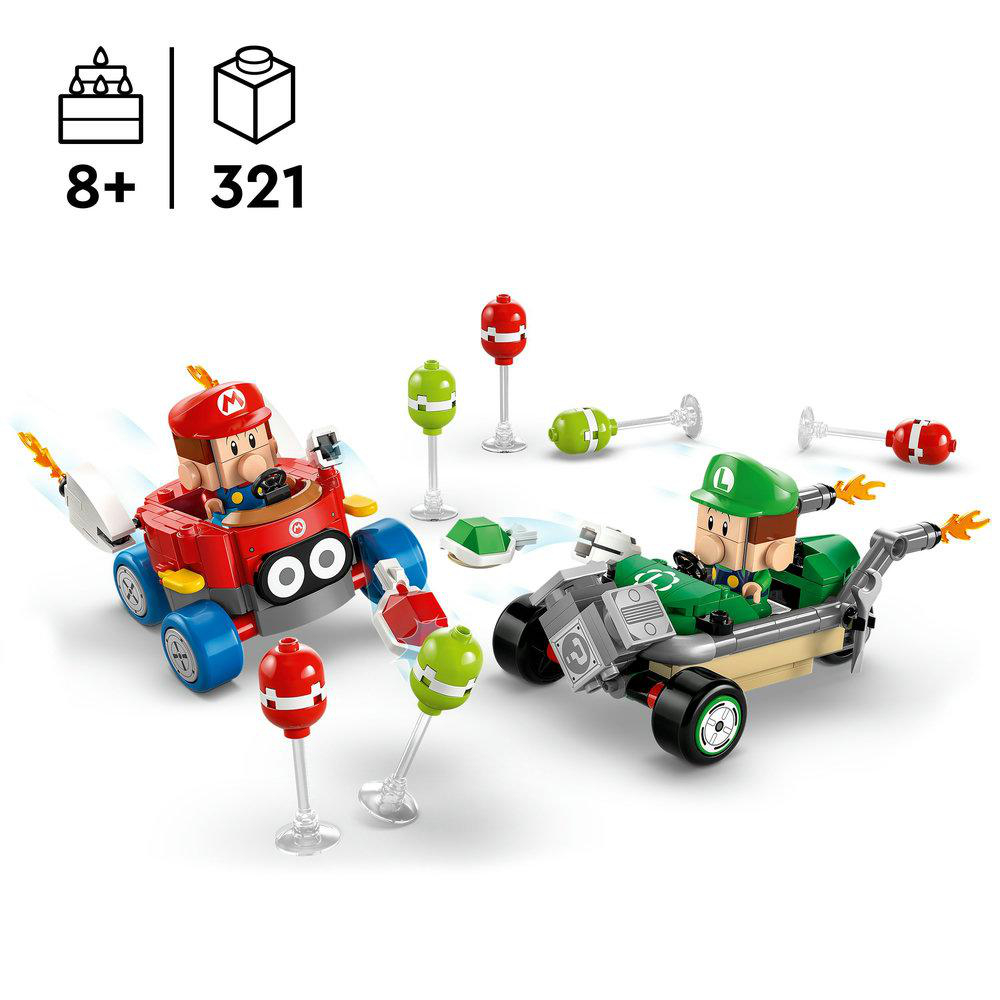 Lego Mario Kart Set. Mario und Luigi sind in Go-Karts mit verschiedenen Streckenelementen und Hindernissen.