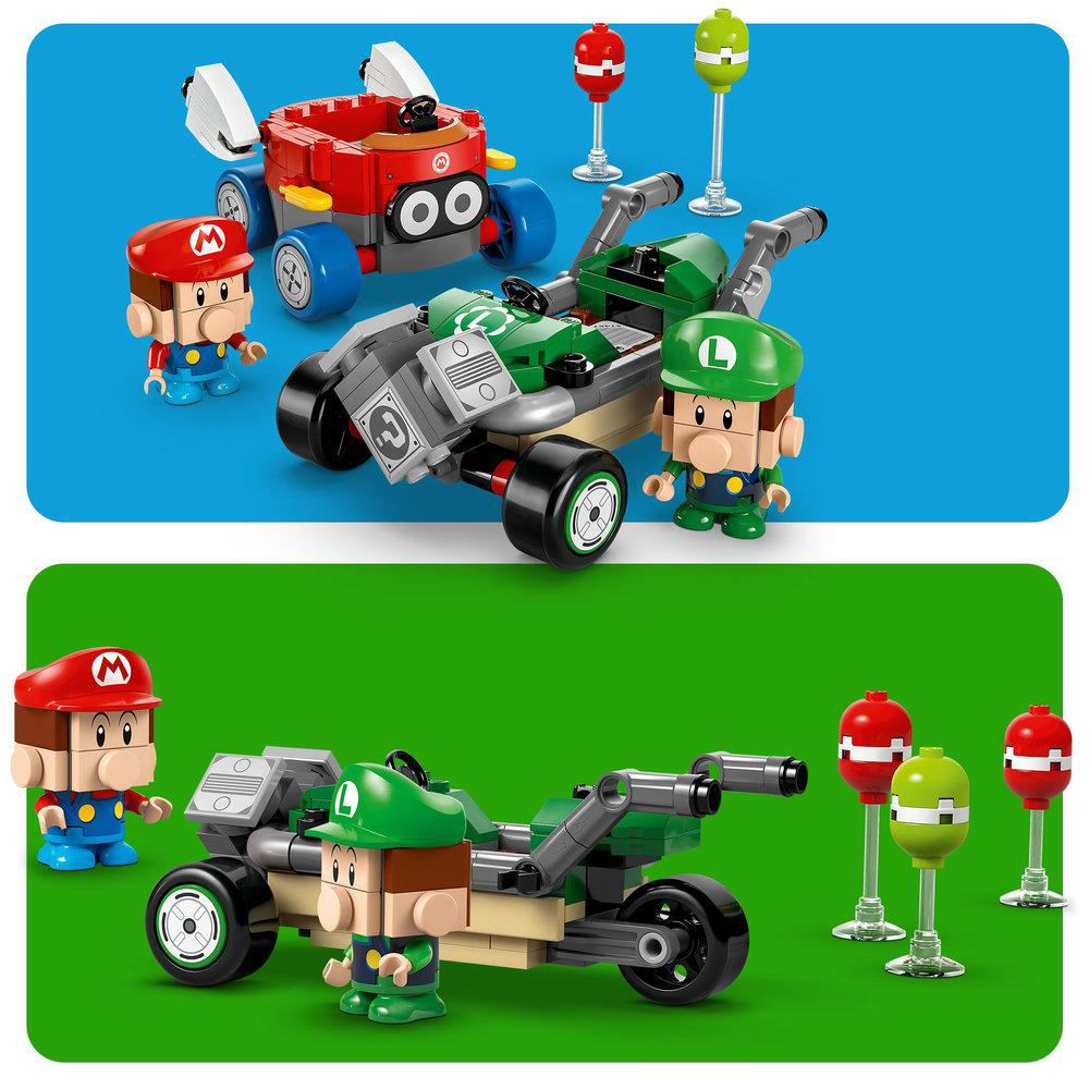 Lego Mario Kart Set. Mario und Luigi Figuren mit Karts und Streckenmarkierungen.
