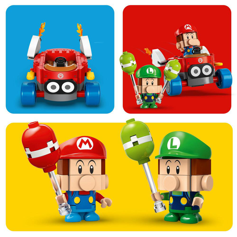 LEGO Super Mario Sets mit Mario- und Luigi-Figuren in Rennwagen. Enthält Mario, Luigi und andere Figuren.