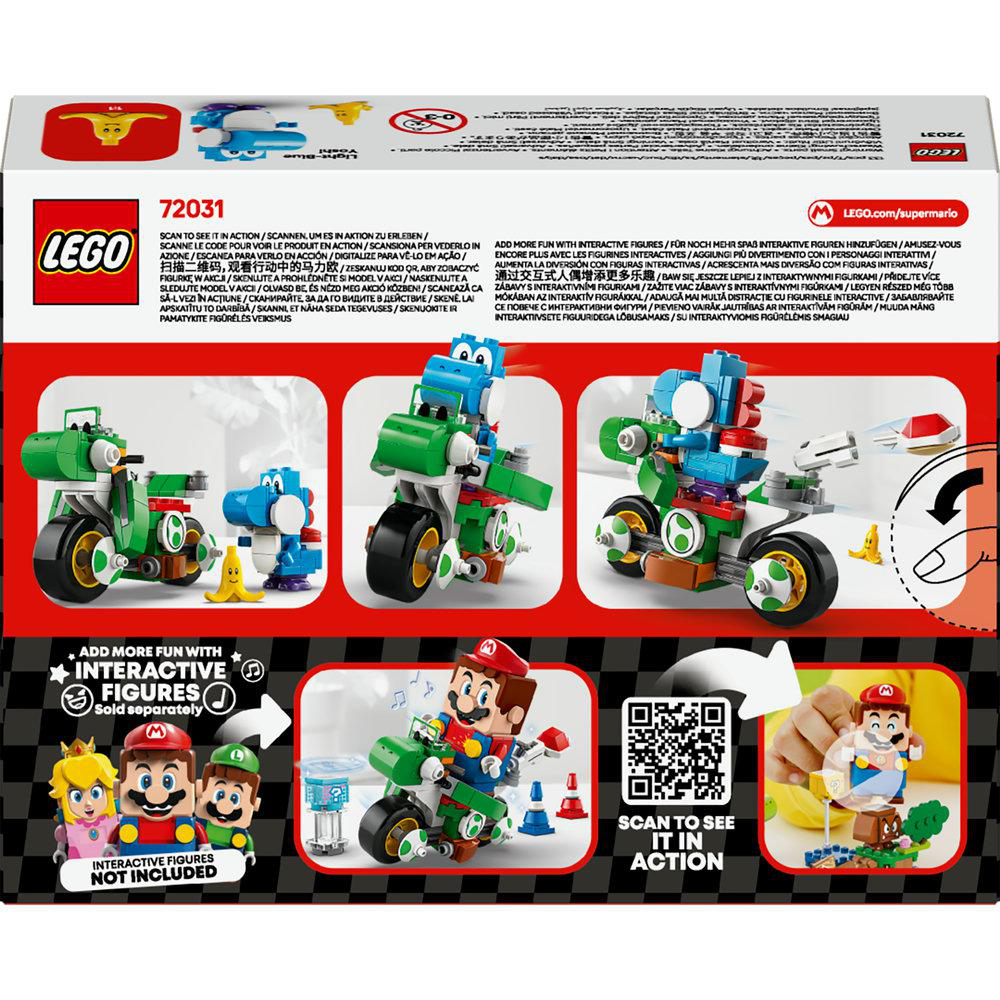 Eine Lego-Set-Box zeigt verschiedene Motorradbauten mit Mario und anderen Charakteren.