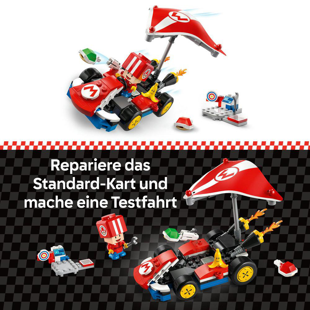 Lego-Set eines Mario Kart Karts. Das Set ist rot und weiß mit einer Mario-Figur. Anweisungen sind auf Deutsch.