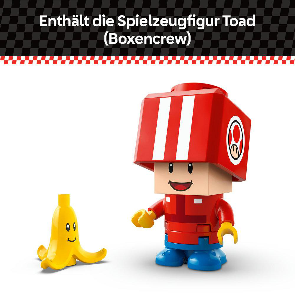 Lego Mario Figur mit Banane und Text, weißer Hintergrund, rot und gelb.