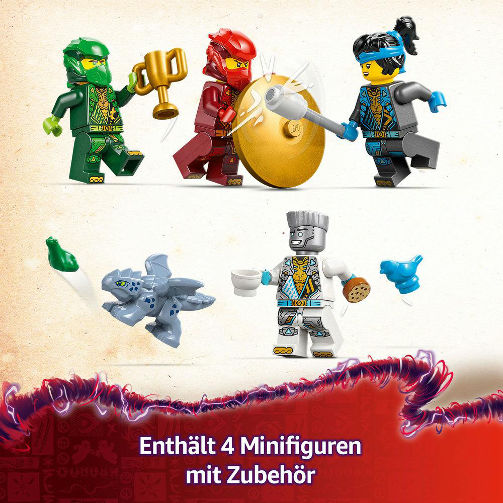 LEGO Ninjago Minifiguren mit Waffen und einer Trophäe. Drachen, Schild und goldene Gong.