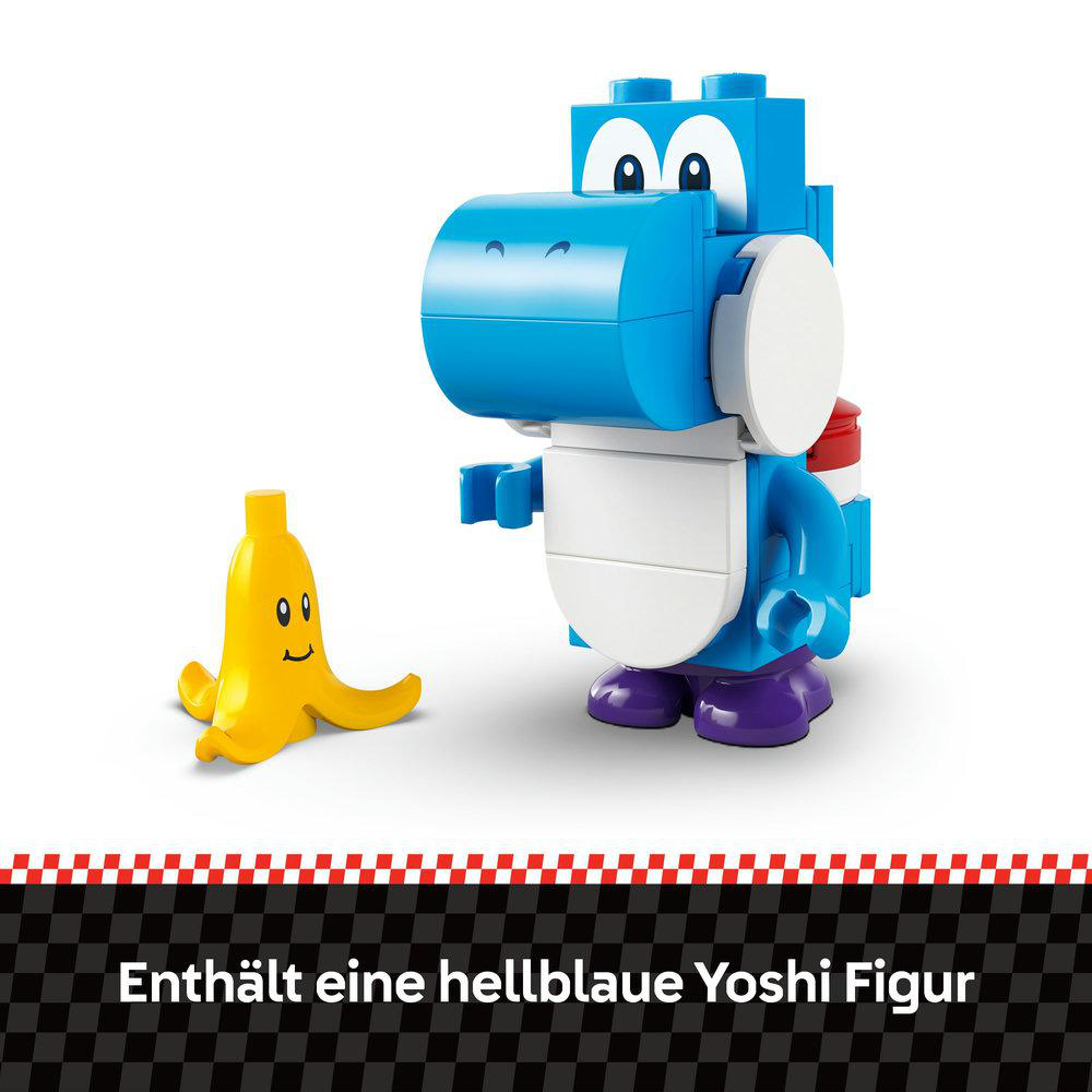 Blaue Yoshi-LEGO-Figur neben einer gelben Bananen-LEGO. Weißer Hintergrund.