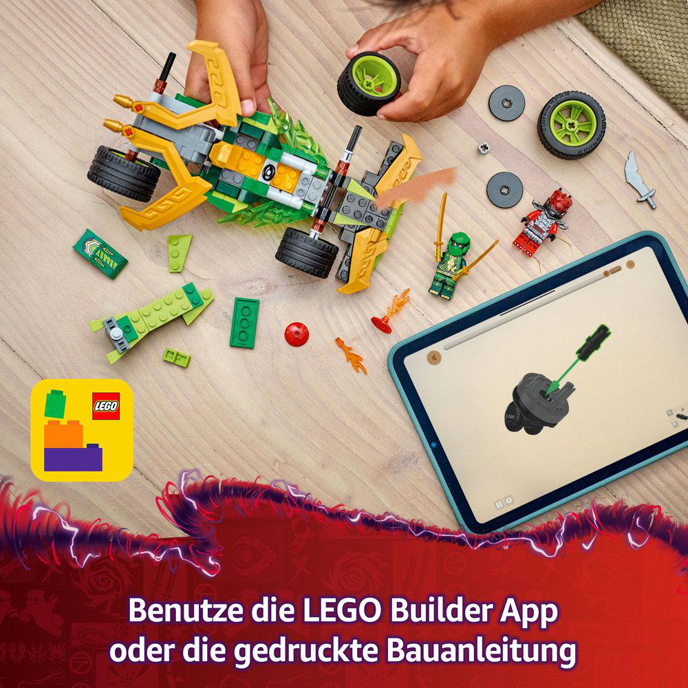 Kind baut Lego Ninjago Set mit Tablet, das Anweisungen zeigt.