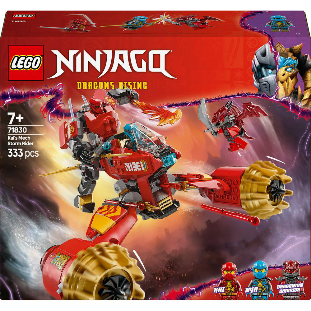 Ein Lego Ninjago Set mit einem roten Mech, einer Flugmaschine und mehreren Ninjago Figuren.