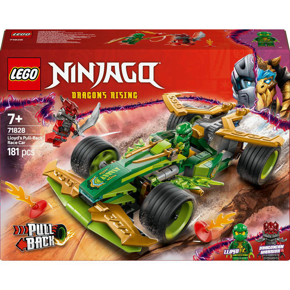 Ein Lego Ninjago Rennwagen-Spielzeugset. Die Box zeigt ein grünes Auto mit roten und goldenen Akzenten.