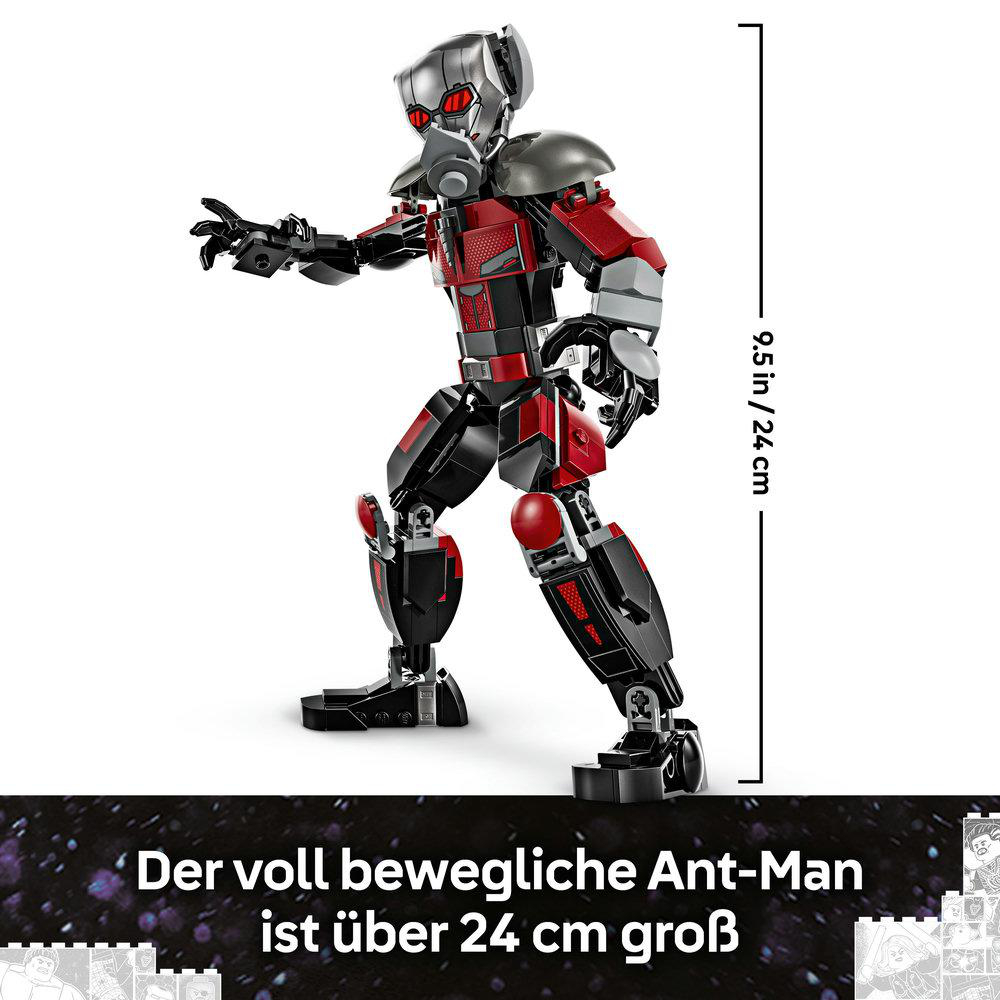 Eine LEGO Ant-Man-Figur. Der Text lautet: 'Der voll bewegliche Ant-Man ist über 24 cm groß'.