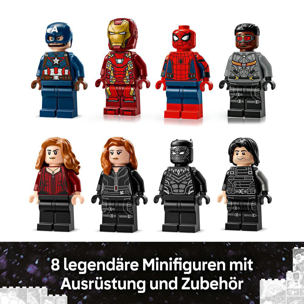 Acht Lego Marvel Minifiguren: Captain America, Iron Man, Spider-Man und andere.