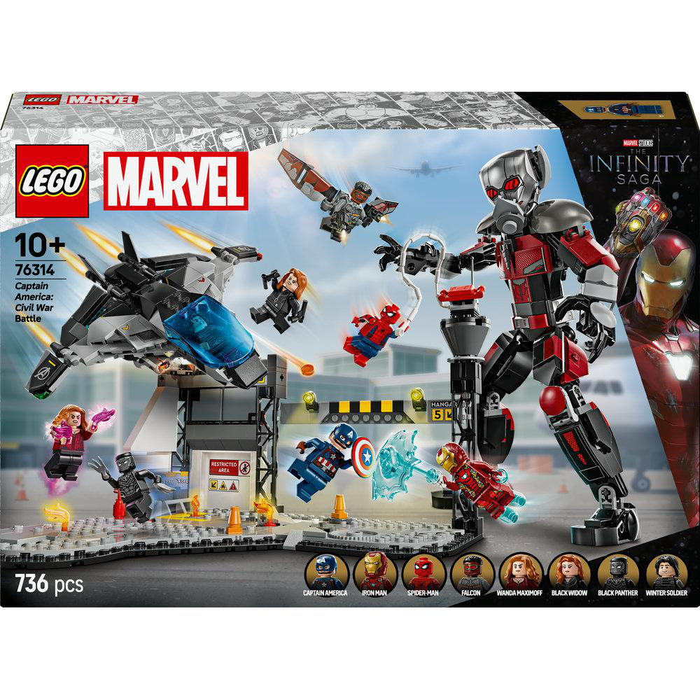 Lego Marvel Set mit Captain America, Iron Man, Spider-Man und anderen Charakteren.