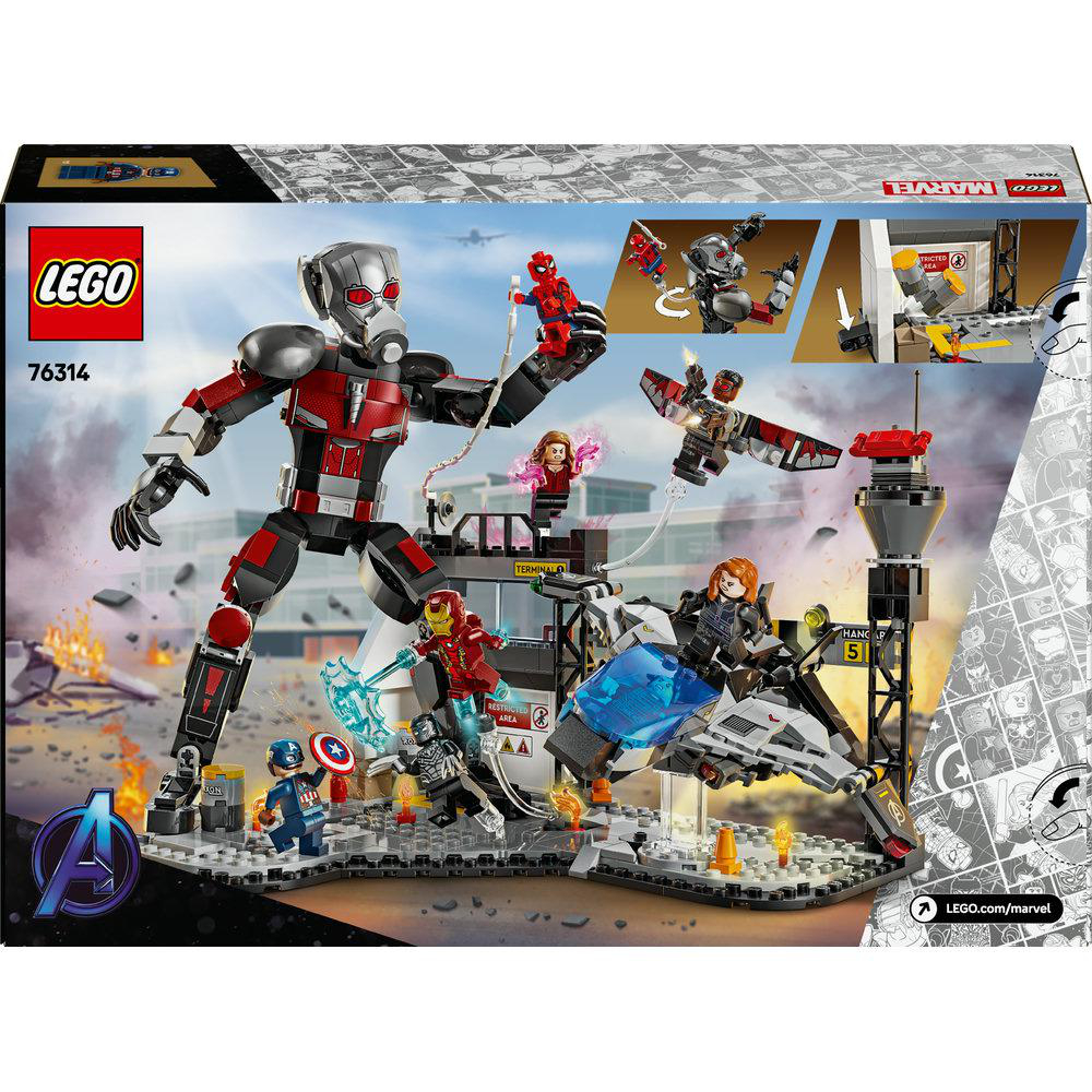 Lego-Box zeigt einen roten und schwarzen Ant-Man, mit anderen Figuren und einem Gebäude.