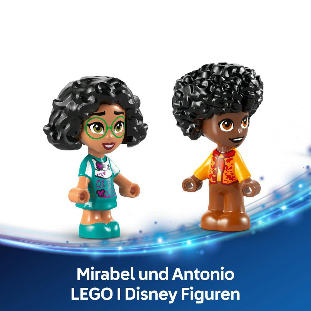 Zwei Lego Disney Figuren: Mirabel mit grüner Brille und Kleid, und Antonio mit roter Weste.