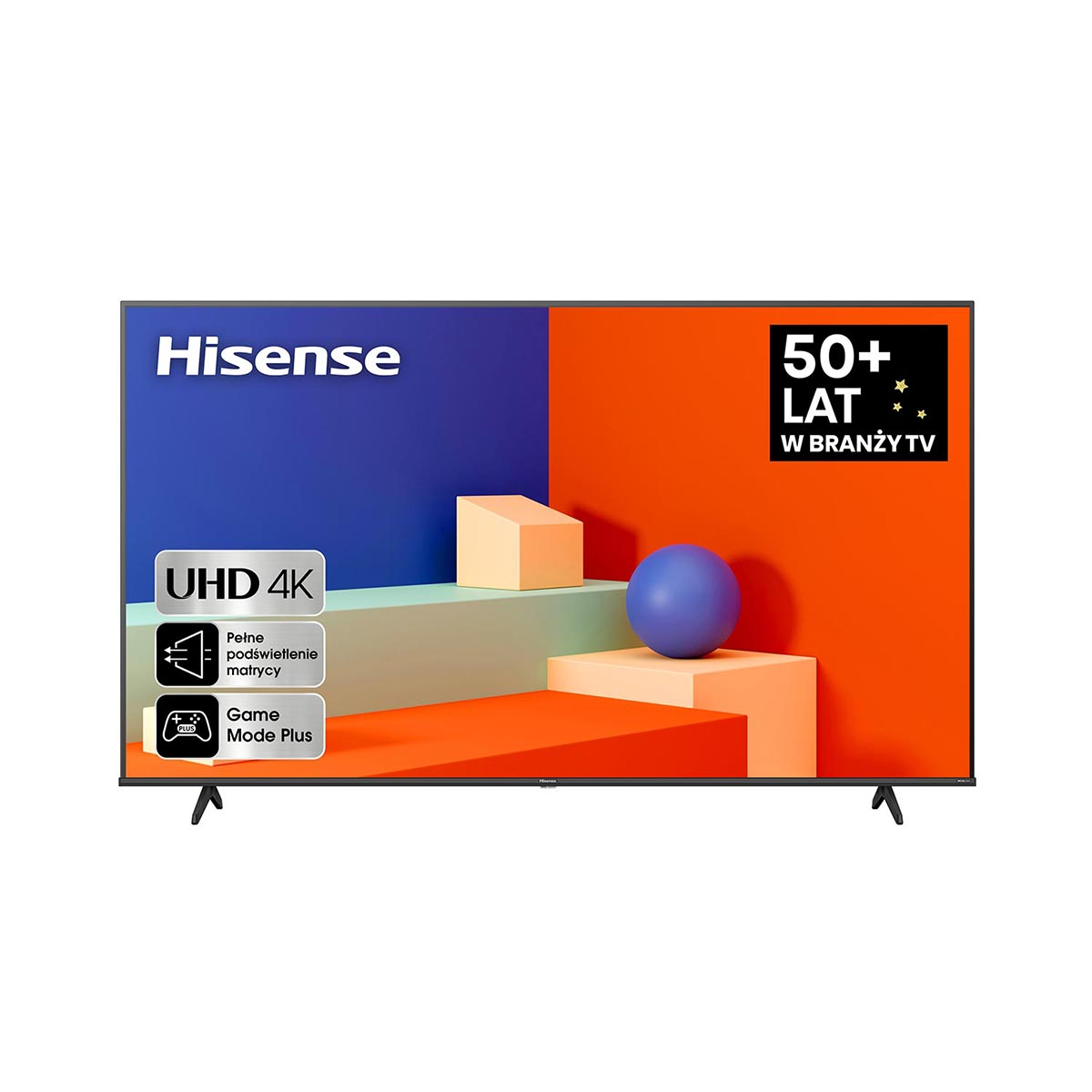 Telewizor Hisense wyświetla kolorową, abstrakcyjną scenę. Zawiera tekst: UHD 4K, Game Mode Plus i 50+ lat.