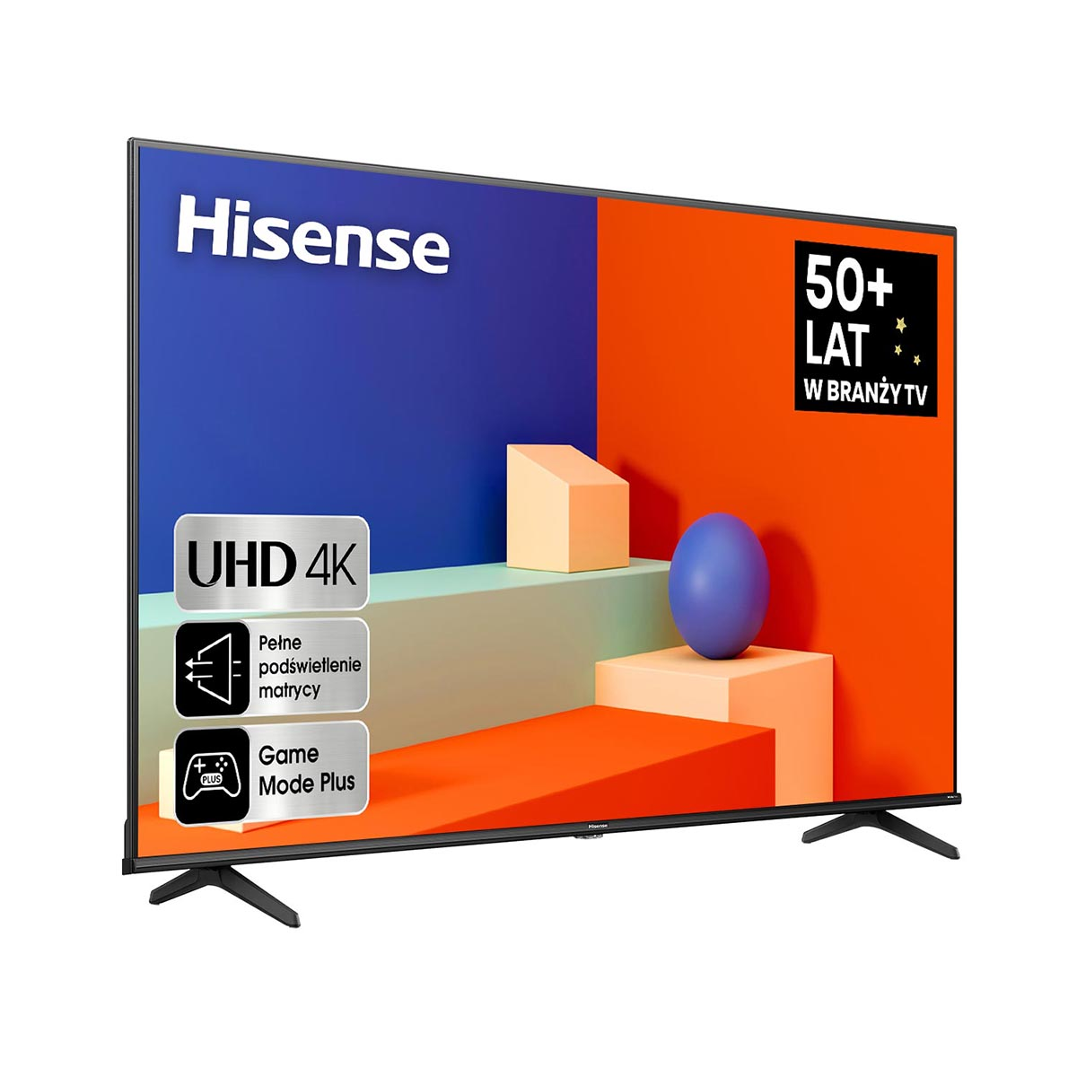 Ekran telewizora z UHD 4K, logo Hisense i grafiką na białym tle.