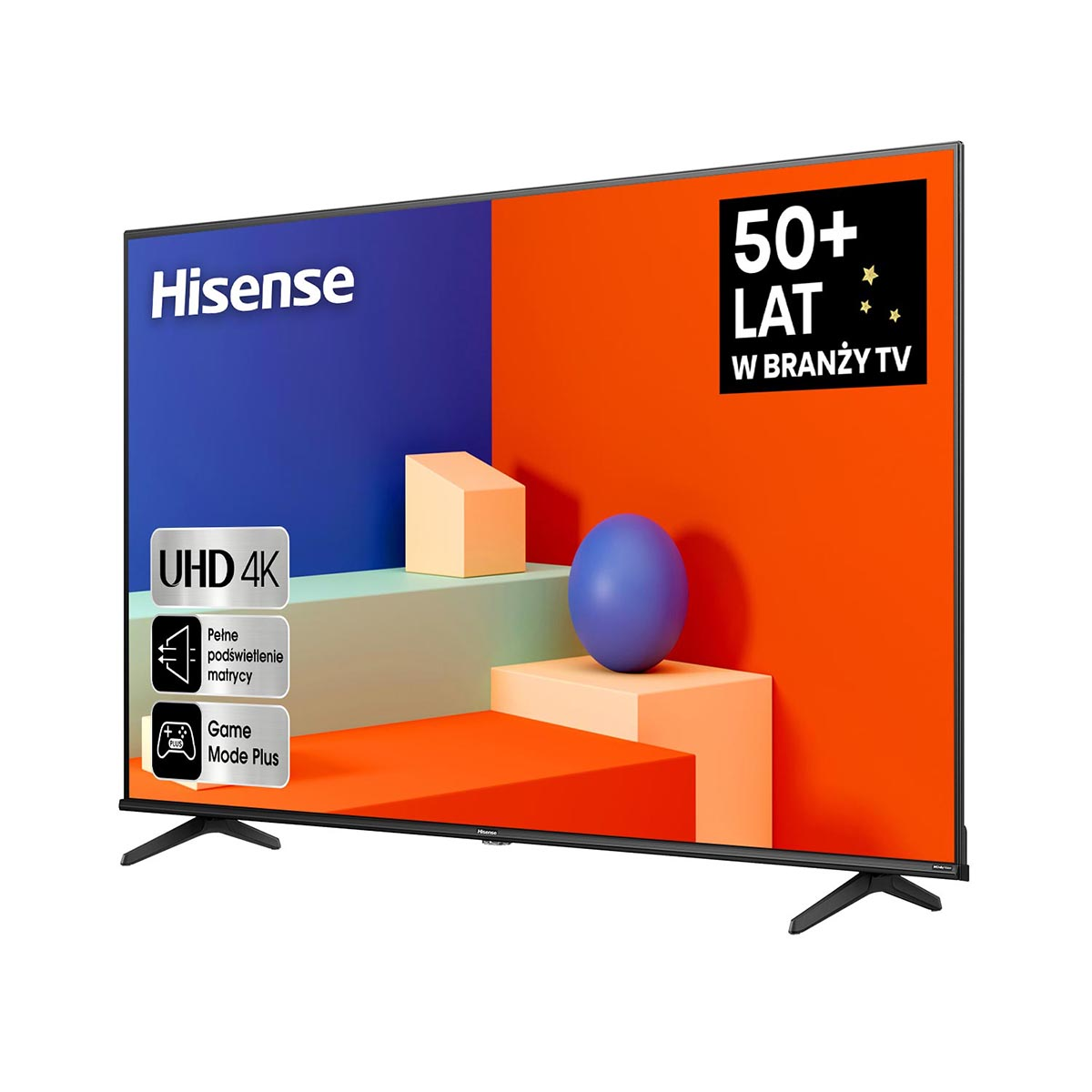 Ekran telewizora z UHD 4K, logo Hisense i grafiką na białym tle.