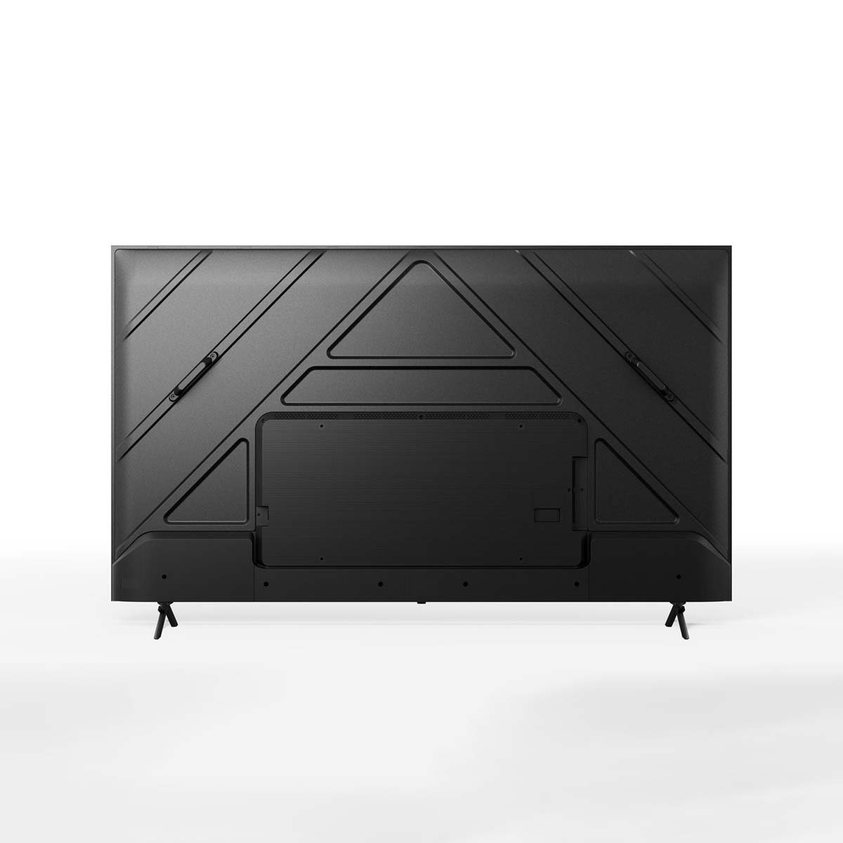 Widok z tyłu czarnego telewizora z geometrycznym wzorem i podstawą.