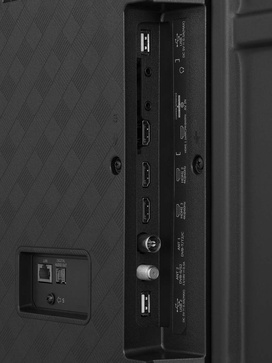 Zbliżenie portów telewizyjnych. Porty dla USB, HDMI, LAN i anteny.
