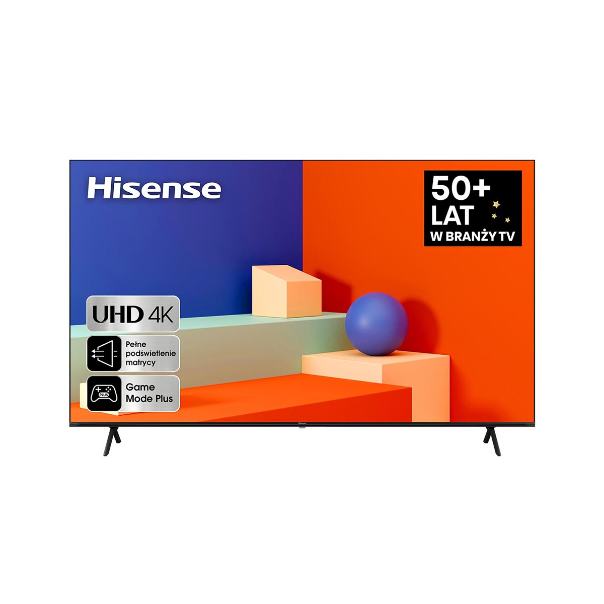 Telewizor Hisense UHD 4K wyświetla kolorowe kształty 3D, z tekstem i polem pokazującym funkcje.