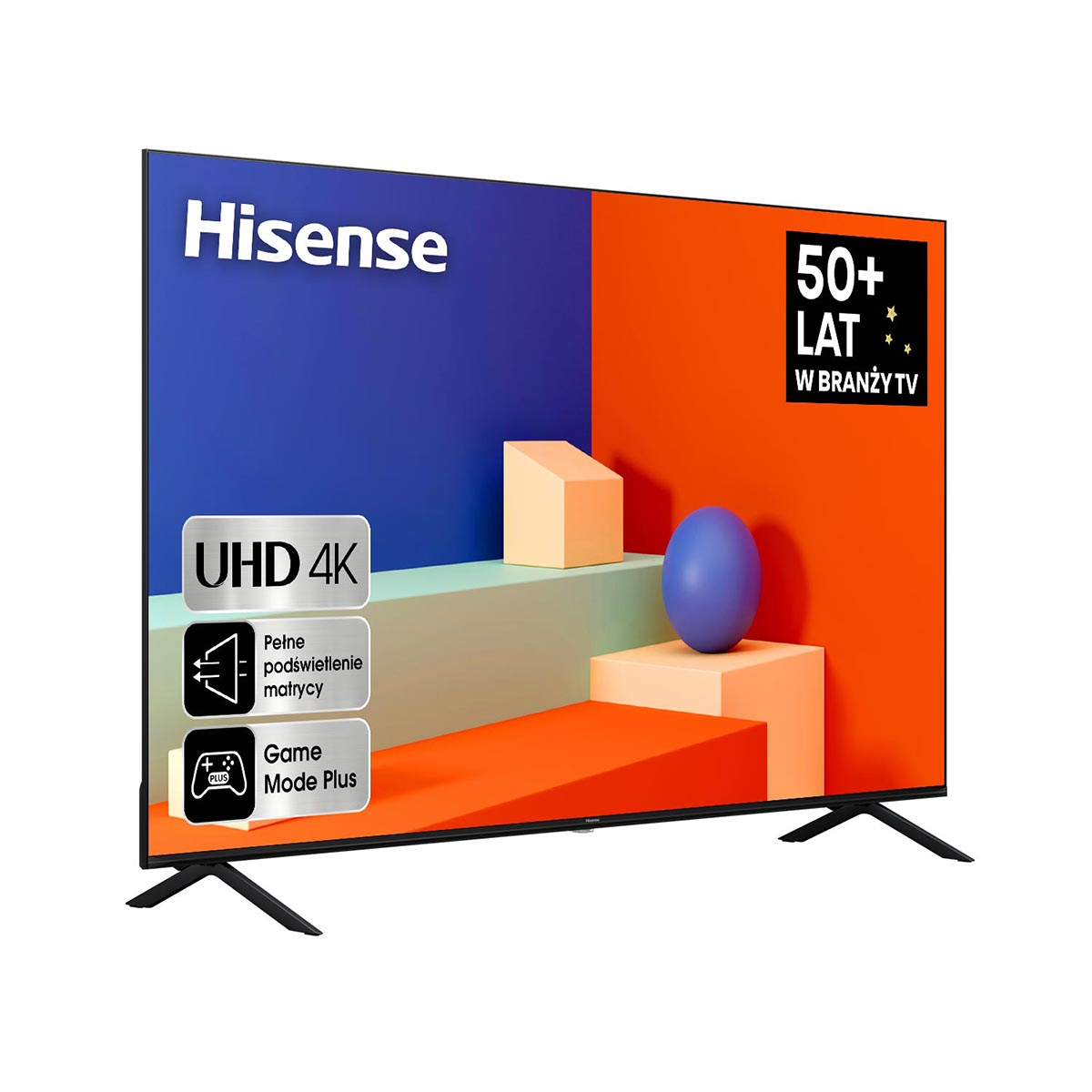 Telewizor Hisense na białym tle, wyświetlający obraz.