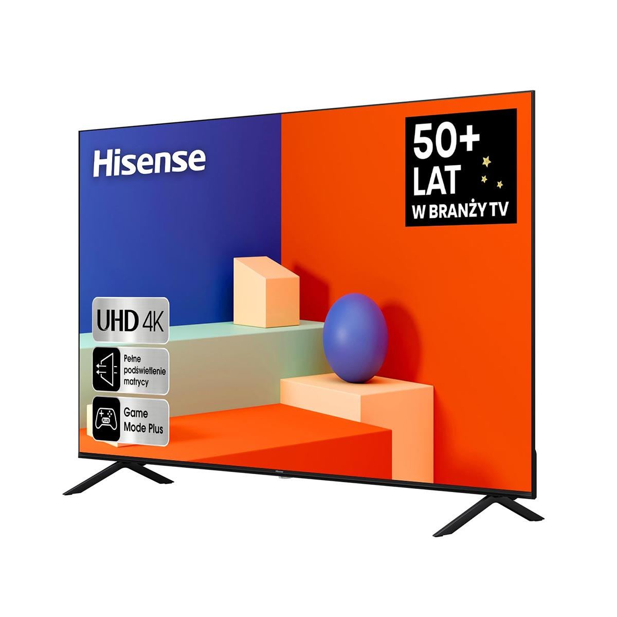 Telewizor Hisense wyświetla geometryczne kształty z tekstem i funkcjami, z odznaką 50+ lat.