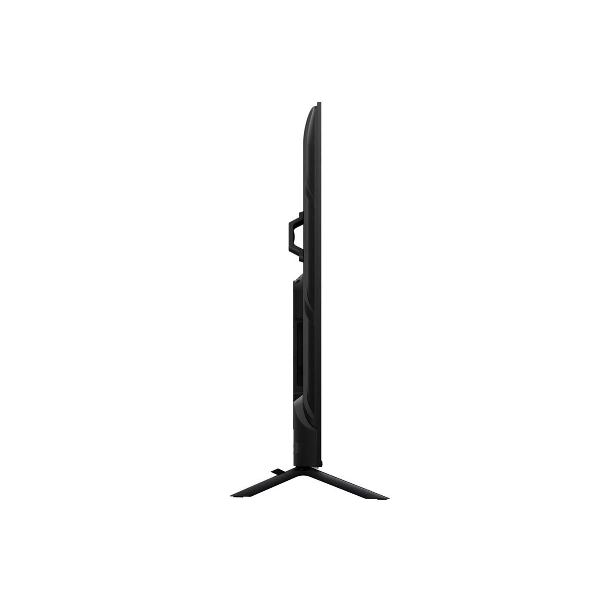 Widok z boku czarnego telewizora na stojaku, pokazujący uchwyt i smukły profil.