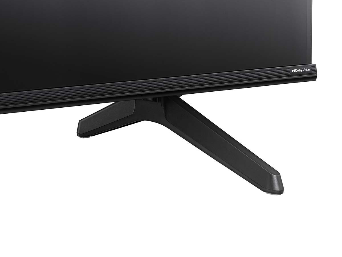 Stojak pod telewizor z czarną podstawą, zbliżenie.