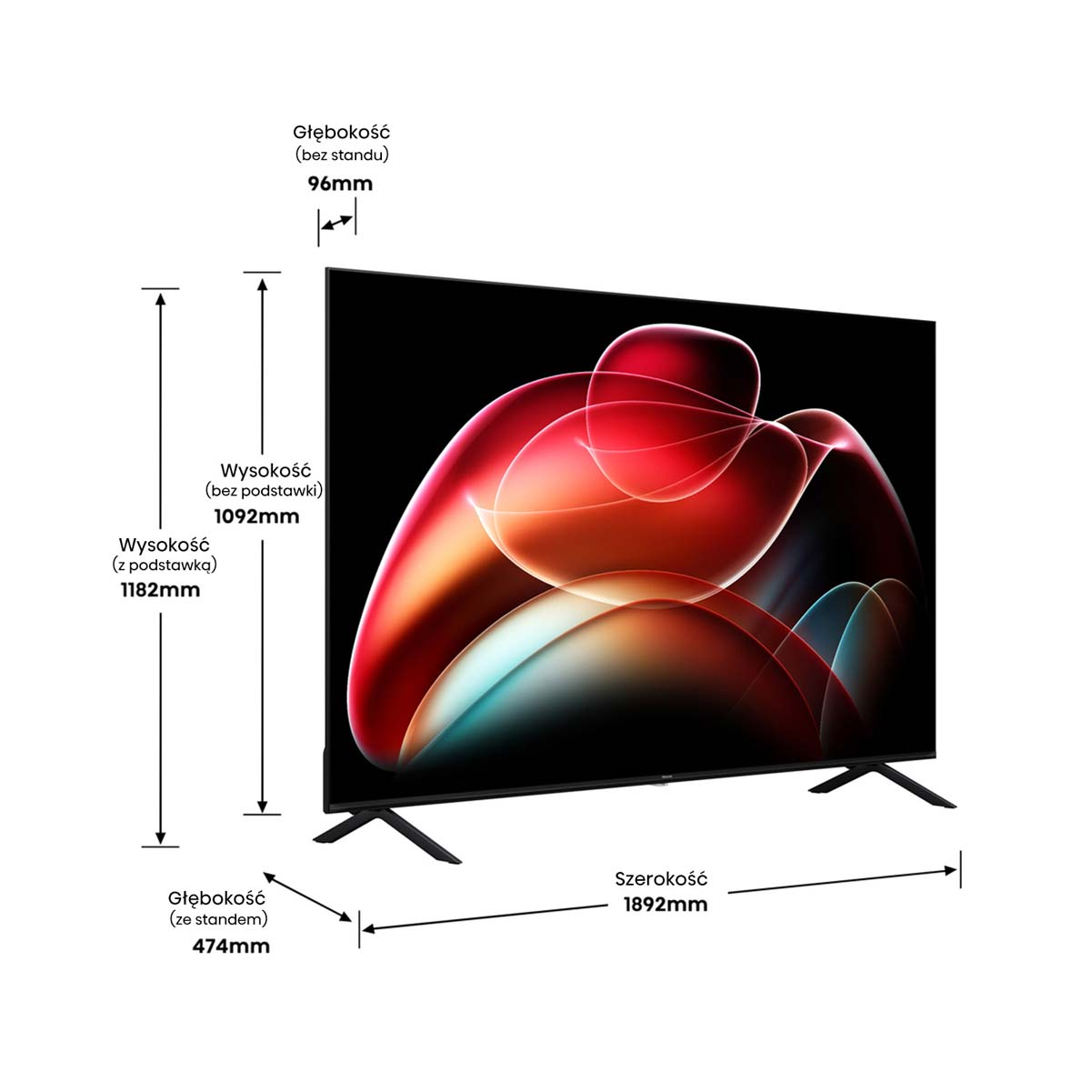 Wymiary telewizora na schemacie: wysokość 1092 mm, szerokość 1892 mm, głębokość 96 mm, głębokość podstawy 474 mm.