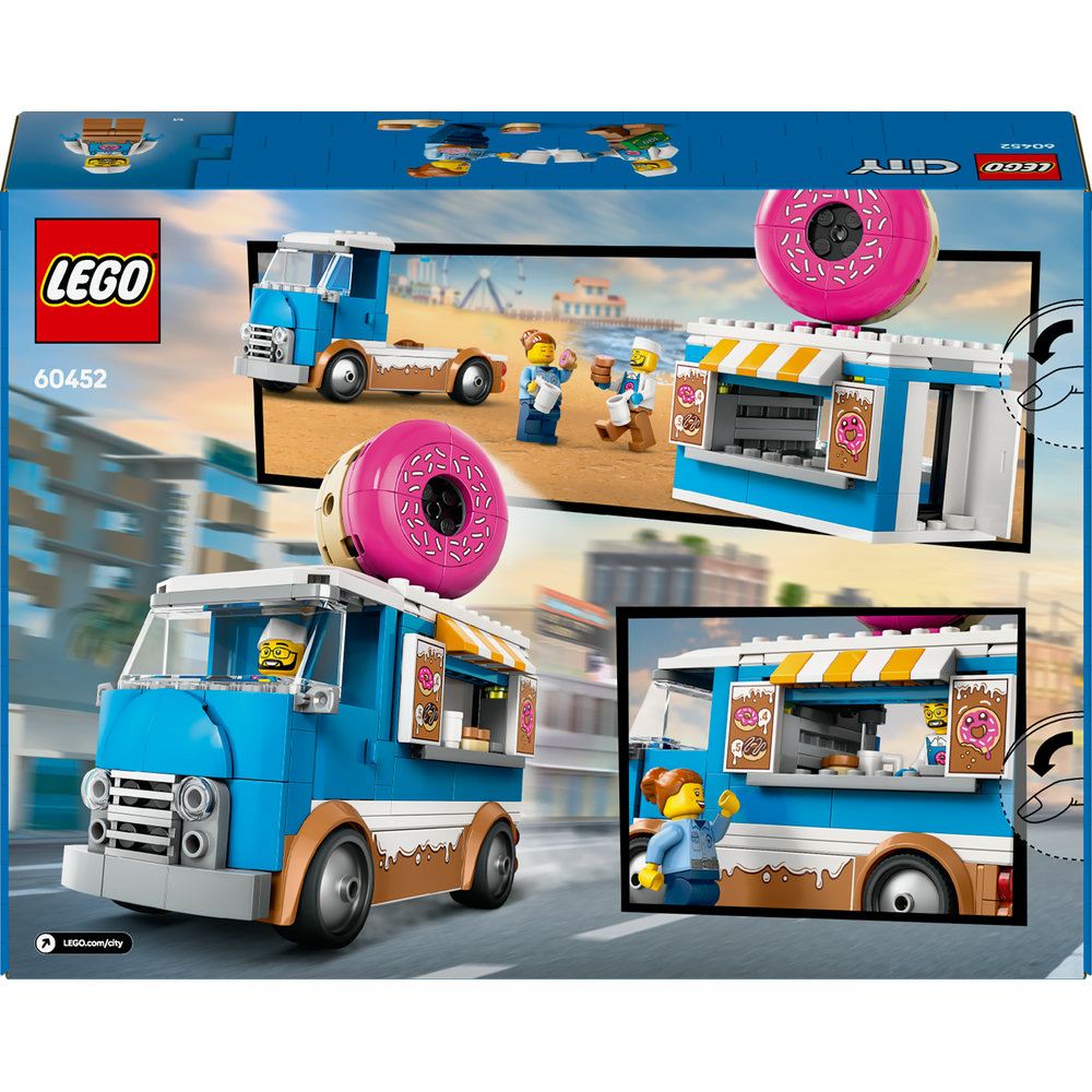 LEGO City Donut Truck Set-Box-Rückseite, zeigt den Truck, Minifiguren und einen Donut oben drauf.