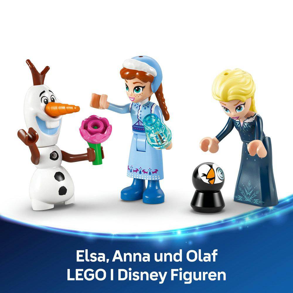 Olaf der Schneemann mit einer Blume, Elsa, Anna und ein Pinguin Lego-Figuren auf weißer Oberfläche.