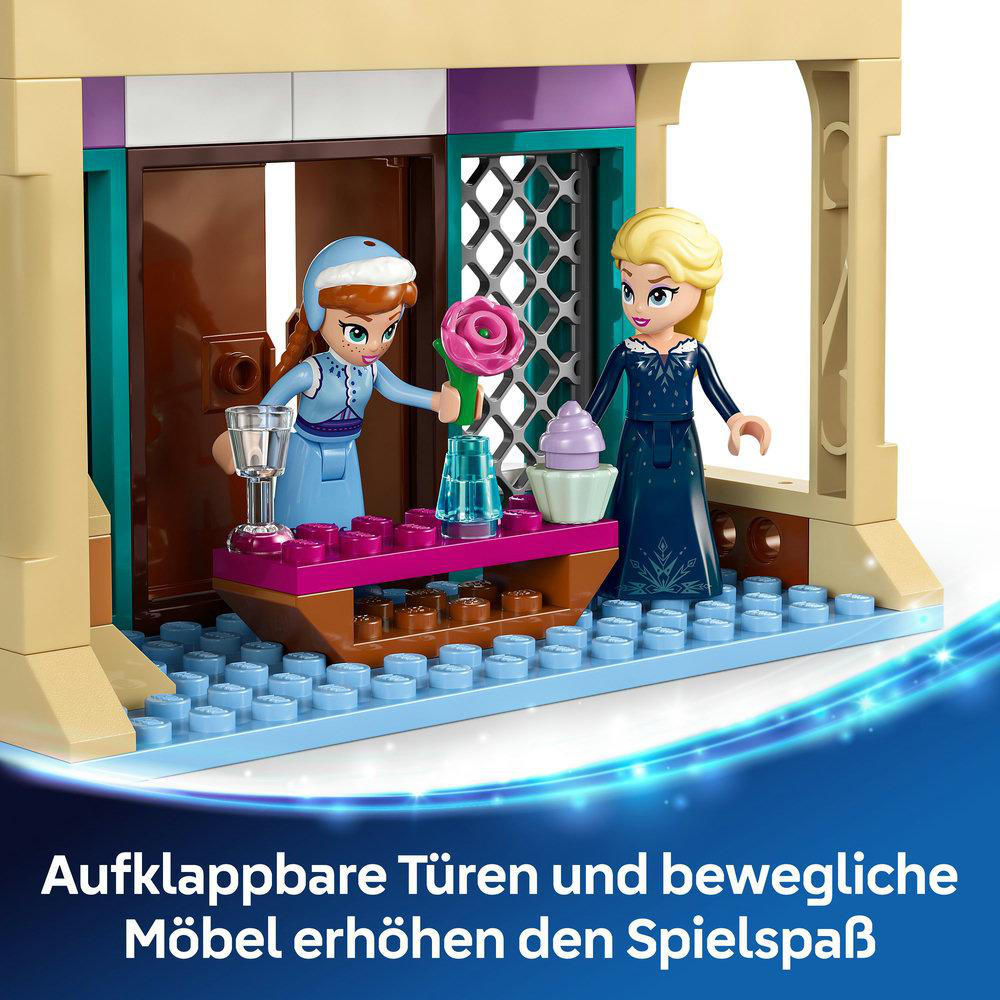 LEGO Frozen Spielset mit Anna- und Elsa-Minifiguren in einer raumartigen Struktur mit Text.