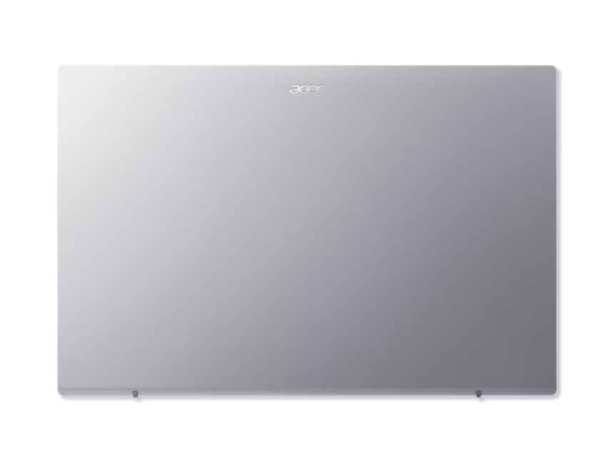 Beyaz bir arka plan üzerinde kapalı, gümüş rengi bir Acer dizüstü bilgisayar, Acer logosu görünüyor.