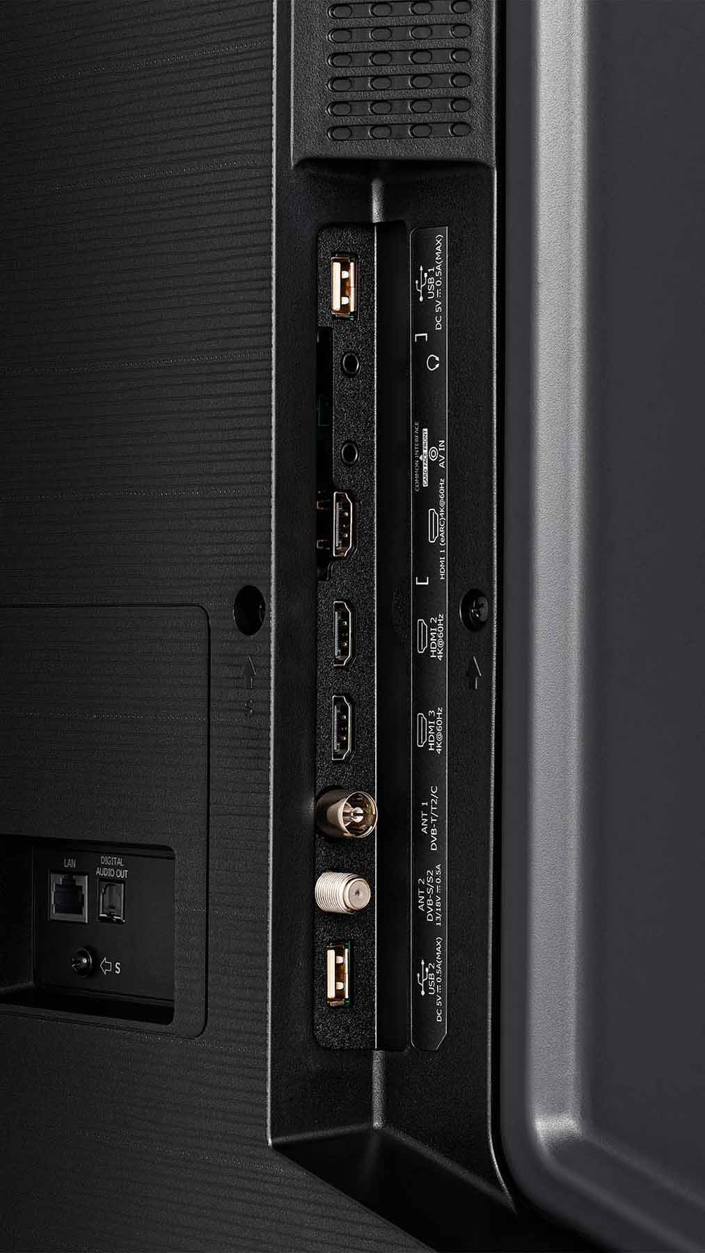 Zbliżenie tyłu telewizora pokazujące wiele portów wejściowych: HDMI, USB, LAN i antenowe.